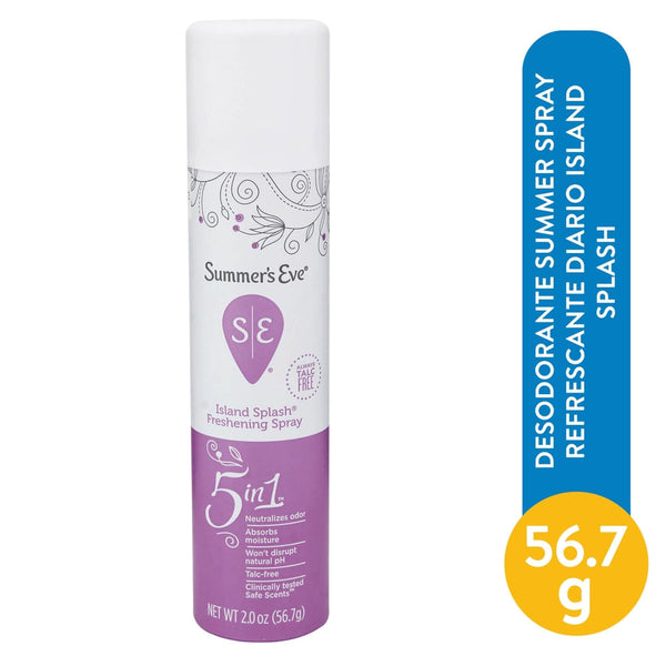 Summer's Eve Feminine Deodorant Spray in Island Splash, spray bottle with floral and tropical design, for fresh feminine scent