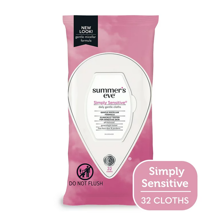 Summer's Eve Gentle Cloths for daily use, Simply Sensitive, in a package with soft cloths for feminine hygiene comfort.