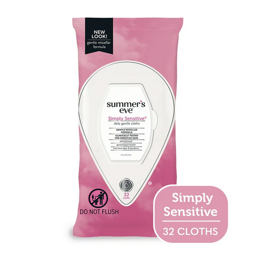 Summer's Eve Gentle Cloths for daily use, Simply Sensitive, in a package with soft cloths for feminine hygiene comfort.