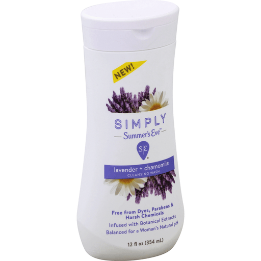 Summer's Eve Simply Lavender Chamomile Wash in a 12oz bottle, designed for gentle feminine hygiene and soothing fragrance.