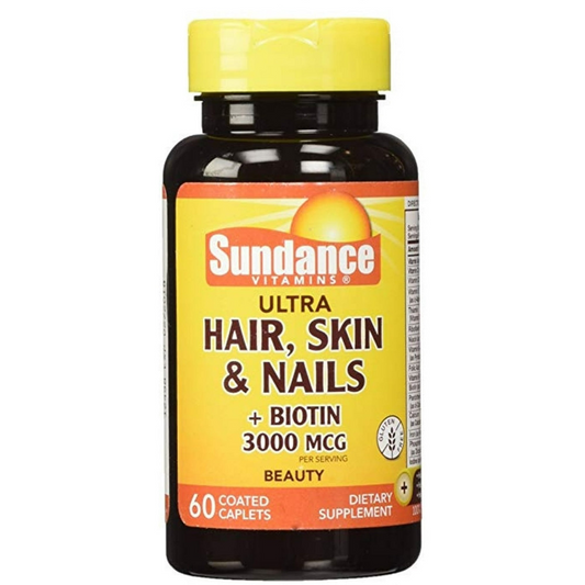 Sundance Ultra Hair, Skin & Nails with Biotin 5000 mcg supplement in 60 tablets, designed to support healthy hair, skin, and nails.