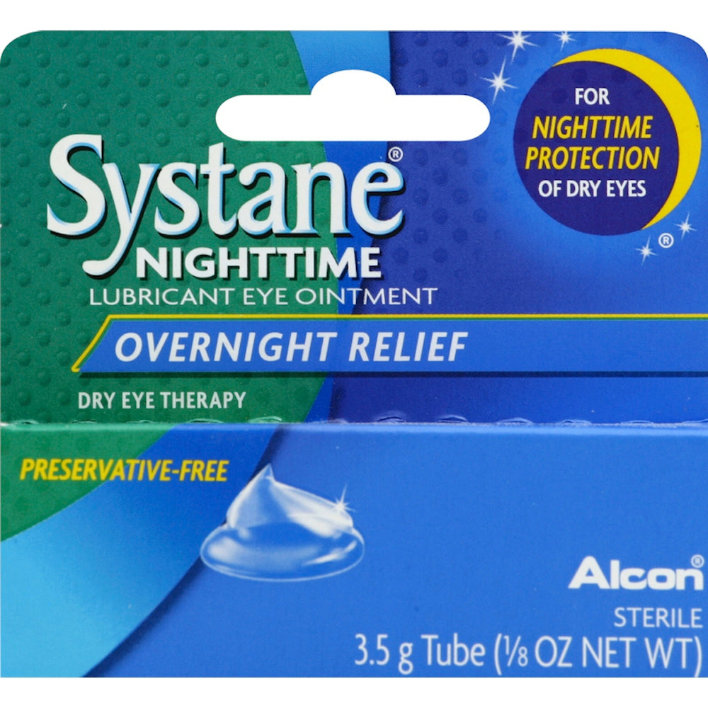 Systane Nighttime Lubricant Eye Ointment from Pasteur Pharmacy, shown in a tube suitable for overnight eye relief.