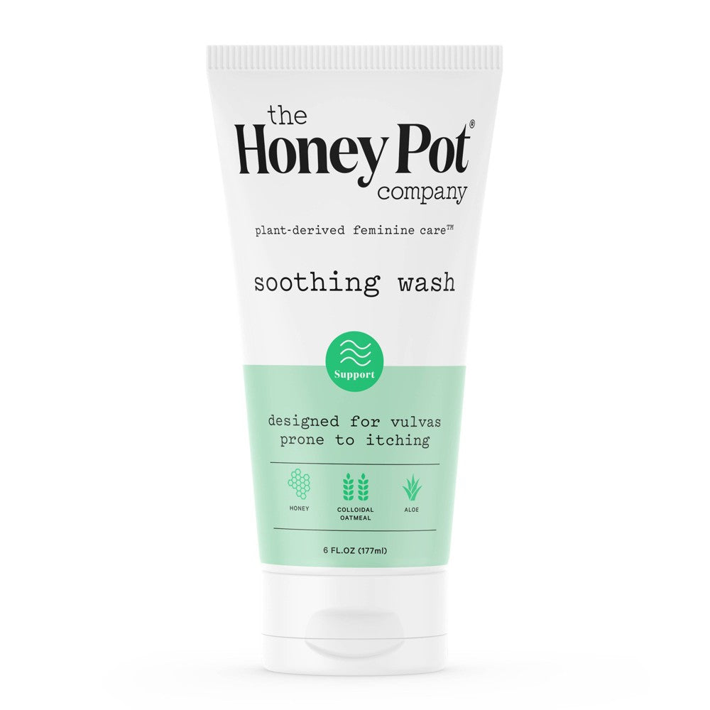 The Honey Pot Company Soothing Wash plant-derived intimate cleanser in a 6 fl oz bottle, with a white and green label.