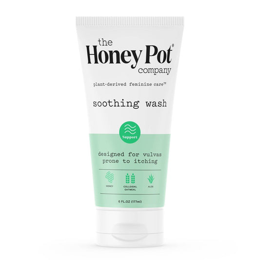 The Honey Pot Company Soothing Wash plant-derived intimate cleanser in a 6 fl oz bottle, with a white and green label.