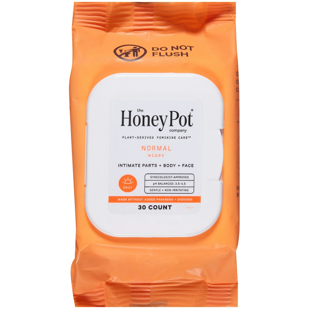 The Honey Pot Feminine Wipes Normal pack of 30, from Pasteur Pharmacy, shown in a white and pink package.
