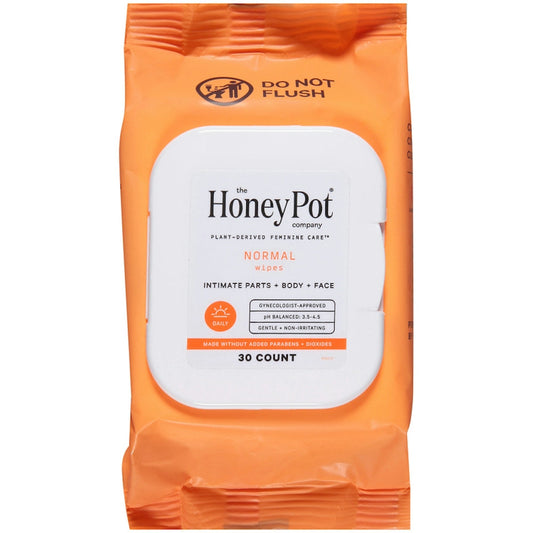 The Honey Pot Feminine Wipes Normal pack of 30, from Pasteur Pharmacy, shown in a white and pink package.