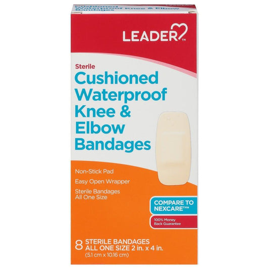 Sterile cushioned waterproof knee and elbow bandages from The Leader brand, designed for wound protection and healing.