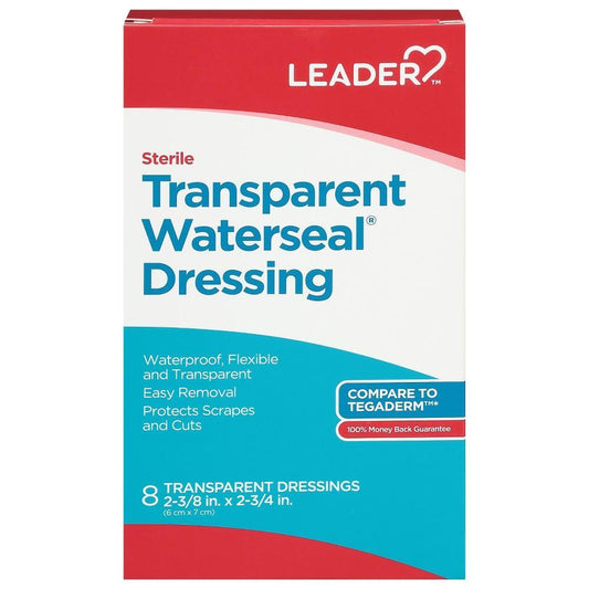 Sterile transparent Waterseal dressing from The Leader by Pasteur Pharmacy, used for wound protection and healing.