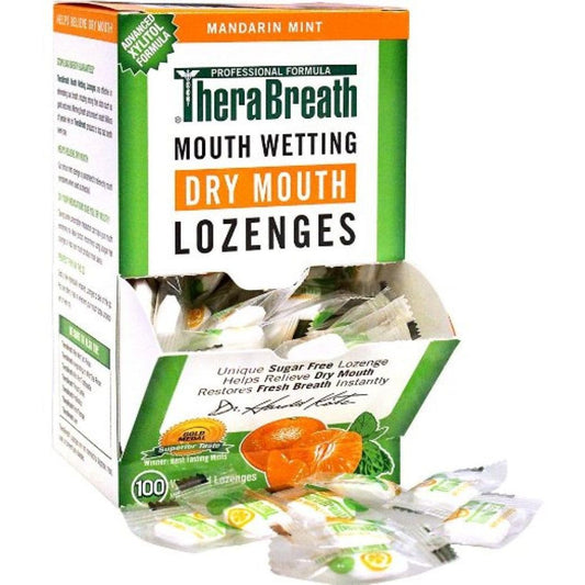 TheraBreath Dry Mouth Lozenges by Pasteur Pharmacy, sugar-free Mandarin and Mint flavor, in a blister pack.