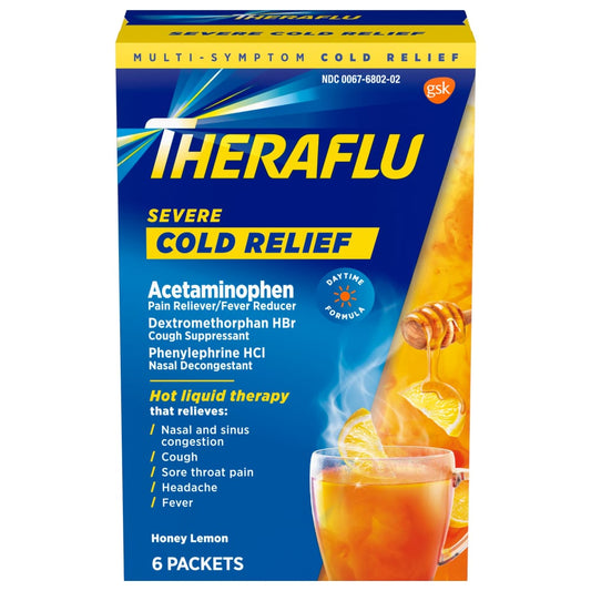 Theraflu Acetaminophen Cold Relief Severe packets with honey lemon flavor for quick relief, displayed in a health and beauty setting.