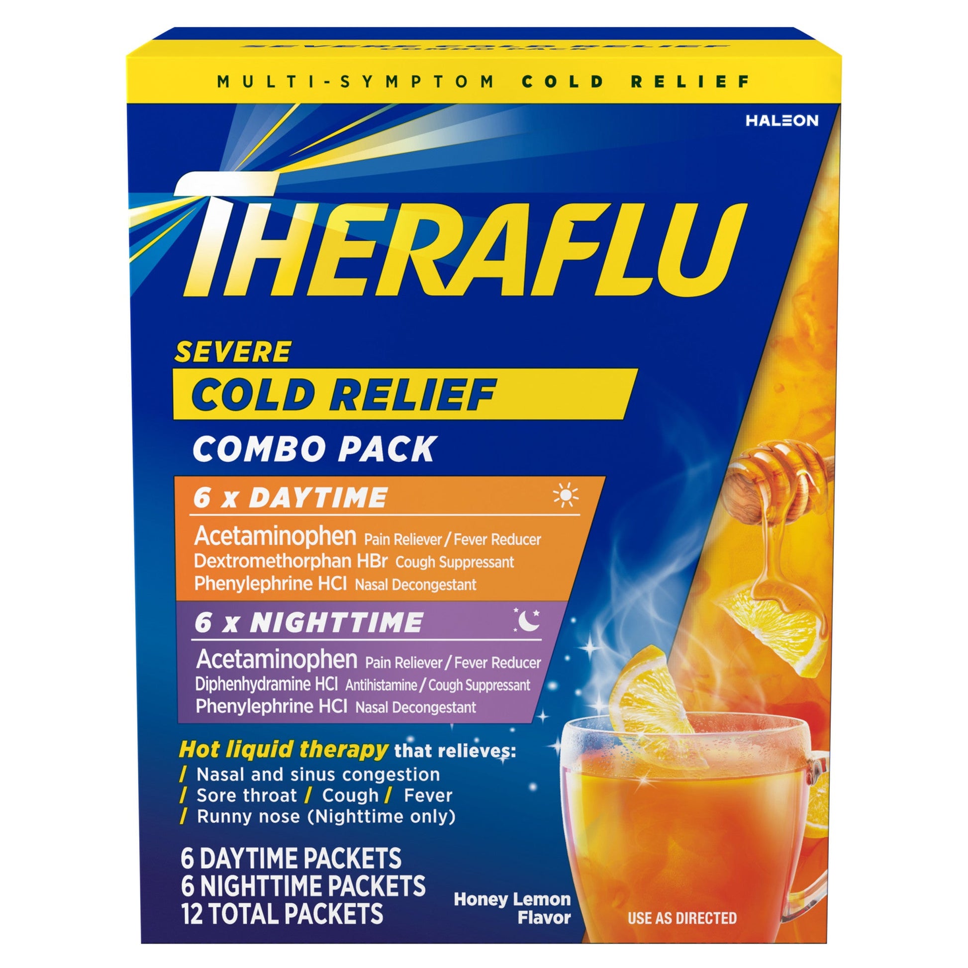 Theraflu Cold Relief Severe Combo Pack packets in honey lemon flavor, health and beauty product from Pasteur Pharmacy.