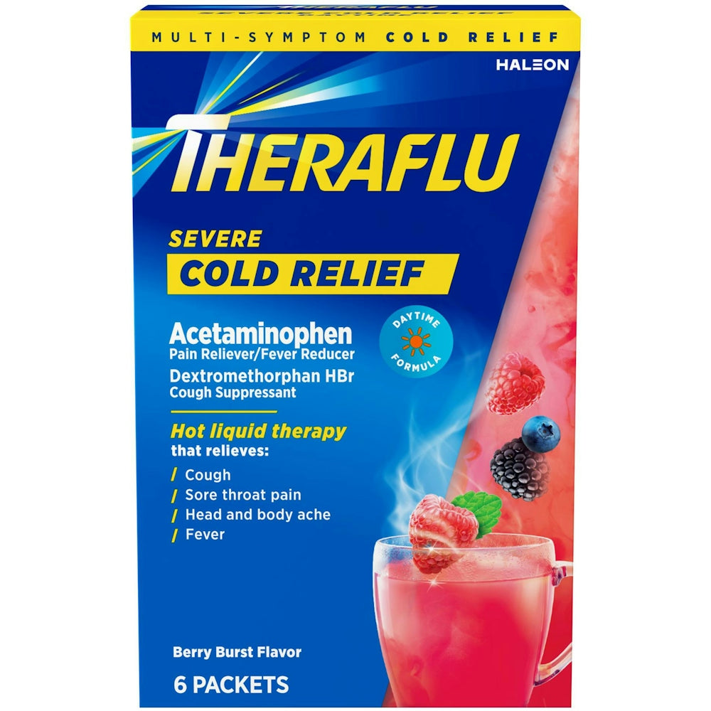 Theraflu Cold Relief Severe packets in Berry Burst flavor, showing the packaging with medical relief ingredients and branding.