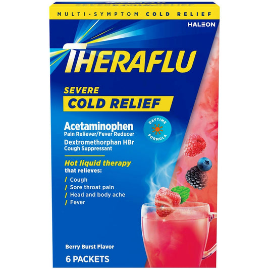 Theraflu Cold Relief Severe packets in Berry Burst flavor, showing the packaging with medical relief ingredients and branding.