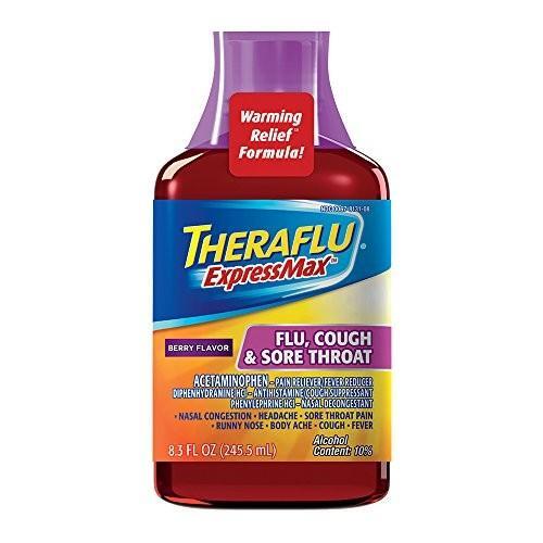 Theraflu Cough & Sore Throat Berry Flavor in an 8.3 oz bottle, a health and beauty remedy by Pasteur Pharmacy.