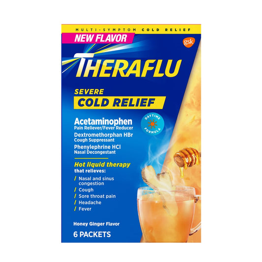 Theraflu Daytime Severe Cold Relief Honey Ginger flavor powder in a packet, used for soothing cold symptoms, by Pasteur Pharmacy.