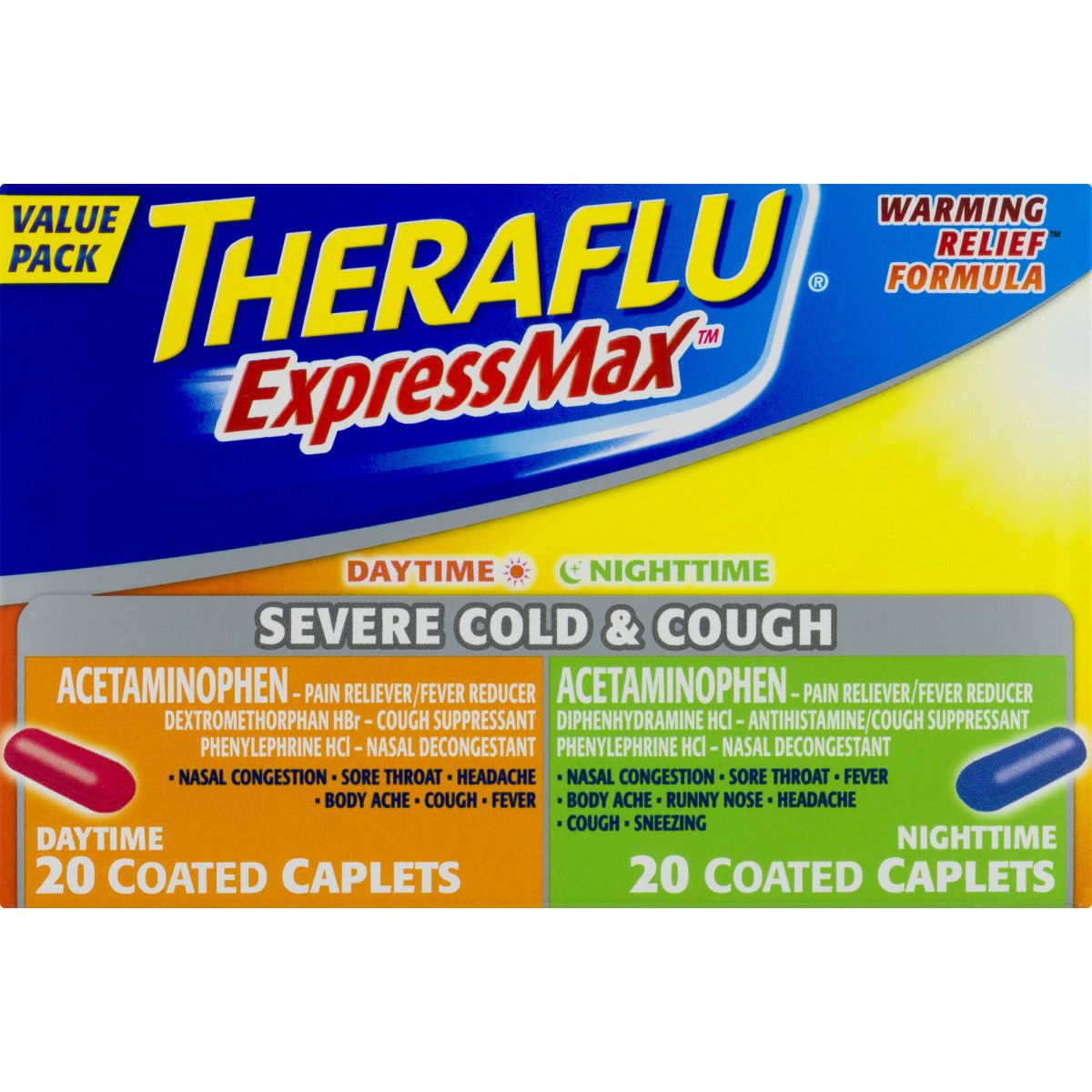 Theraflu ExpressMax Daytime and Nighttime Severe Cold & Cough Coated Caplets, 40 count, displayed in a blister pack.