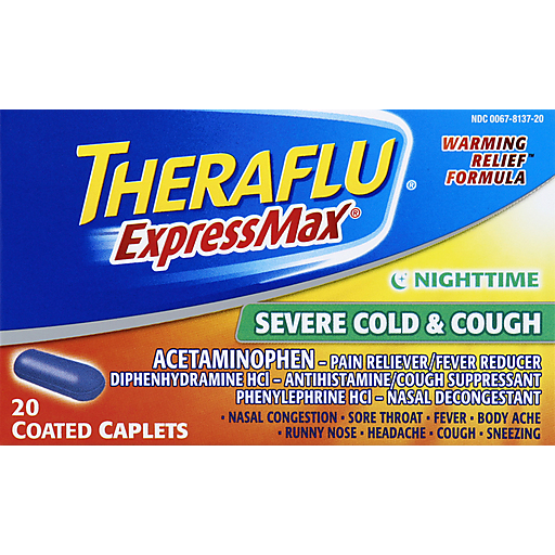 Theraflu ExpressMax Nighttime Cold and Cough Caplets in blister pack, used for severe cold relief and nighttime symptoms.