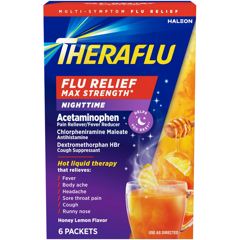 Theraflu Nighttime Max Strength Honey Lemon flavor relief in a box, showing the packaging with the product name and flavor.