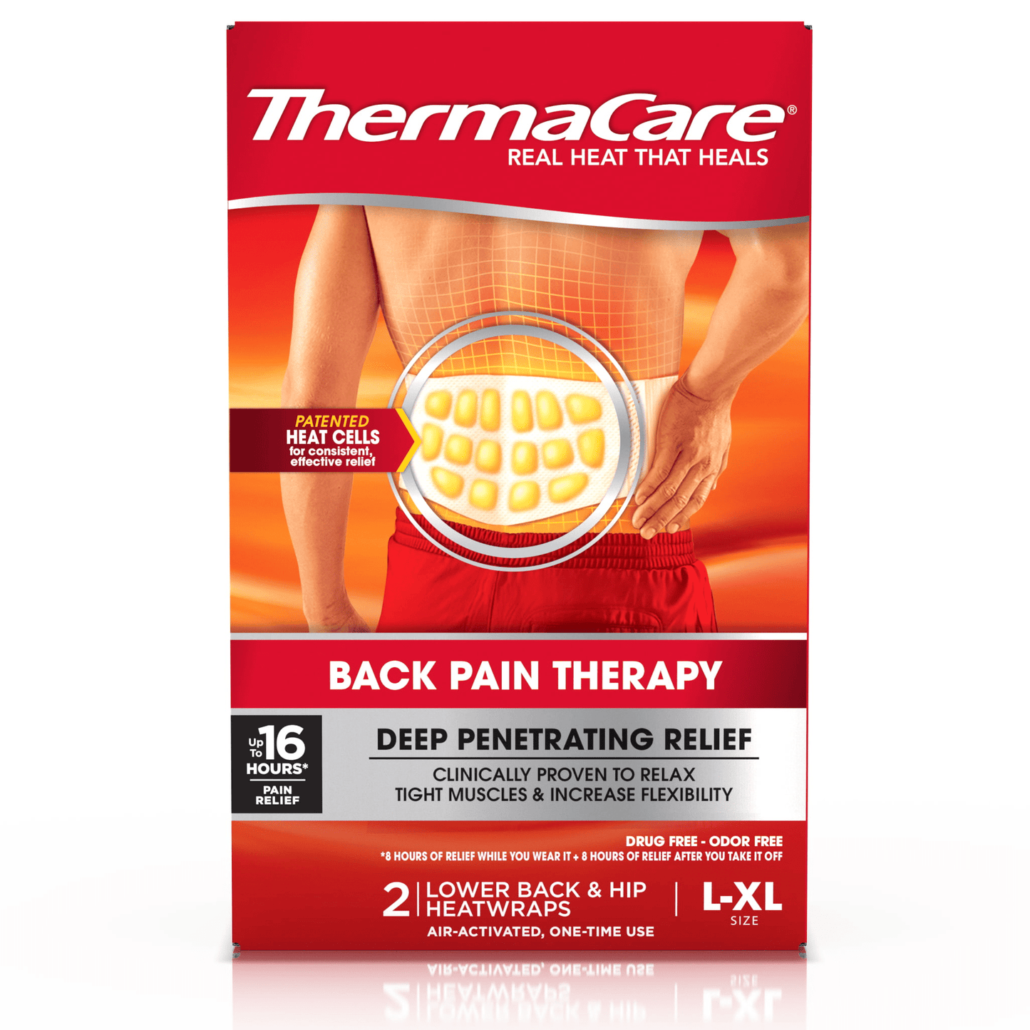 ThermaCare Heatwraps for lower back and hip, XL size, providing targeted heat therapy for pain relief.