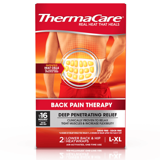 ThermaCare Heatwraps for lower back and hip, XL size, providing targeted heat therapy for pain relief.