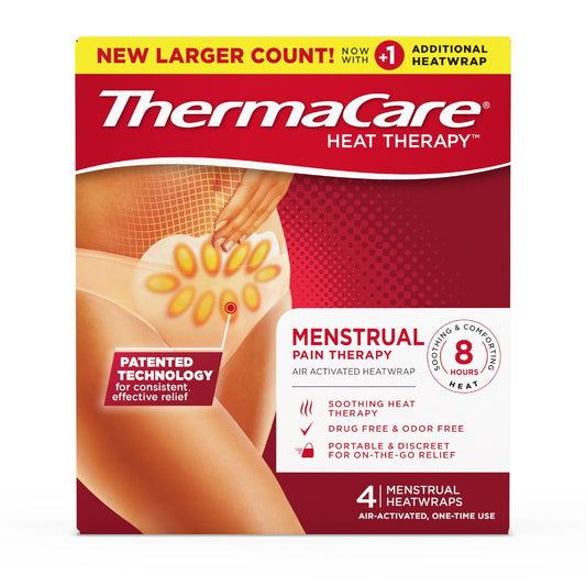 ThermaCare Menstrual Heatwraps for pain relief, showing heatwraps in packaging designed for menstrual pain therapy.