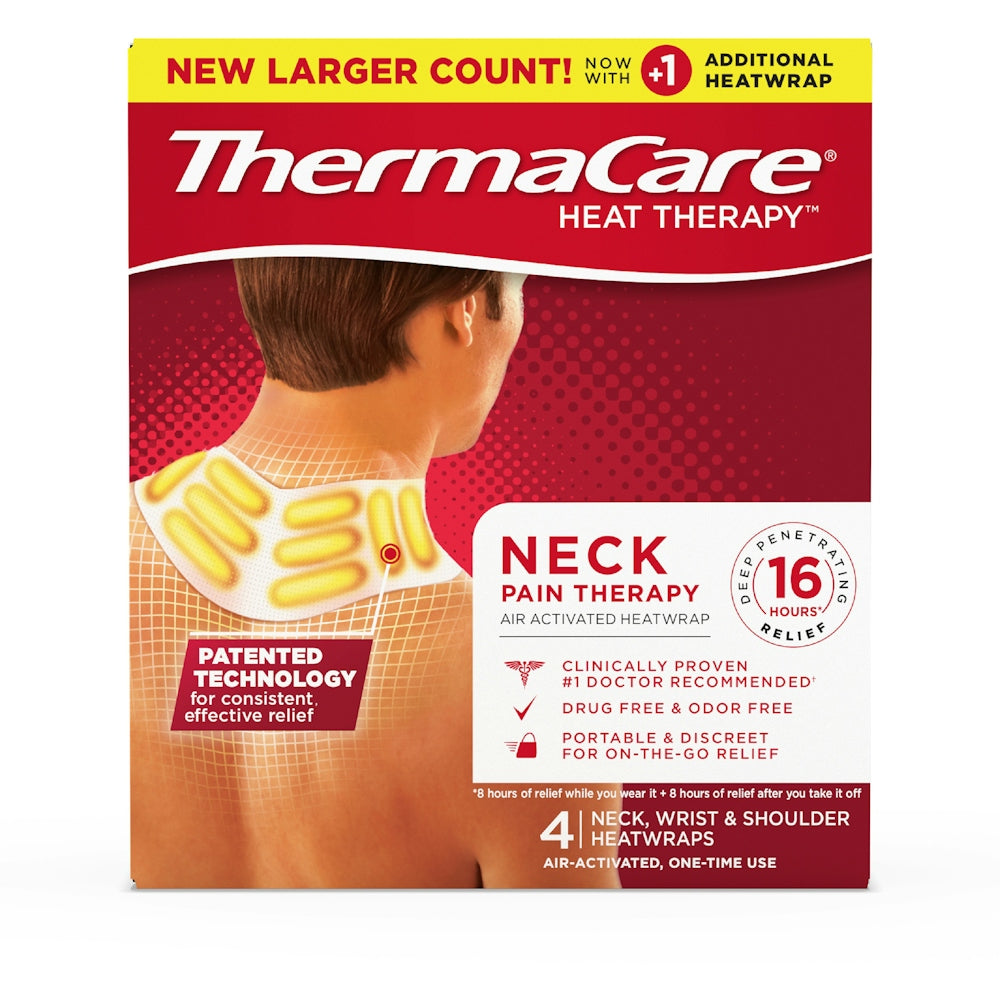 ThermaCare neck, wrist, and shoulder pain relief heatwraps by Pasteur Pharmacy, shown wrapped around a person's neck and shoulders.