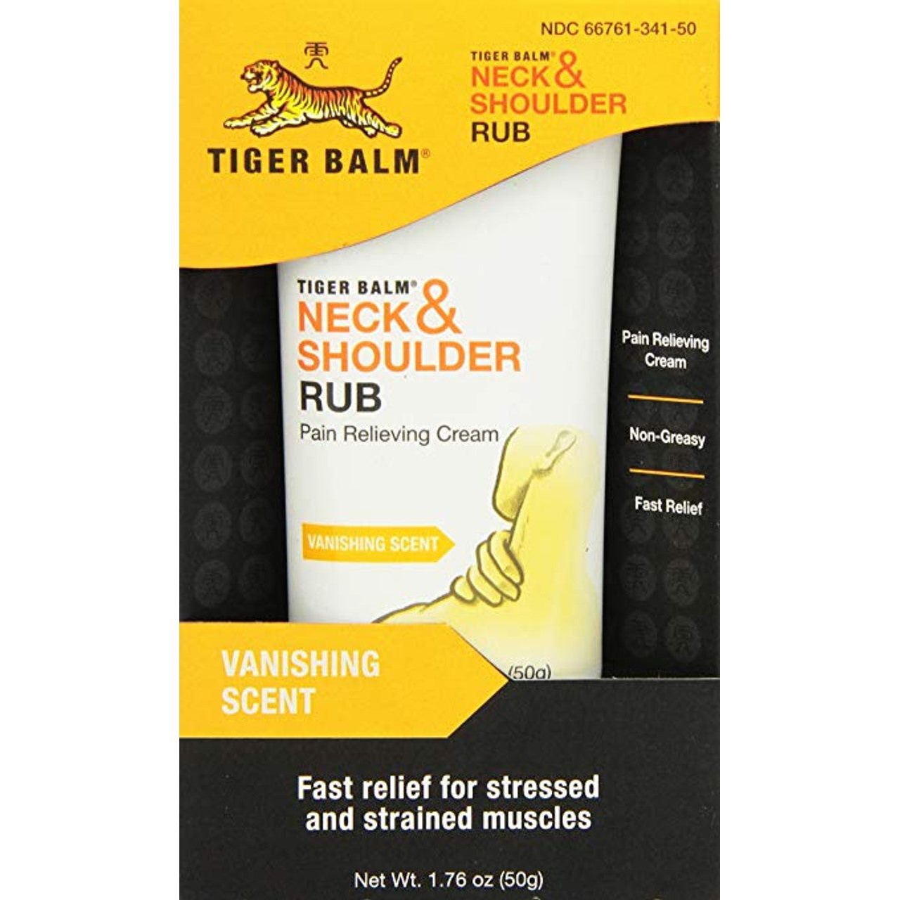 Tiger Balm Neck and Shoulder Rub in 1.76 oz jar, pasteur pharmacy health and beauty product with vanishing scent, soothing relief.