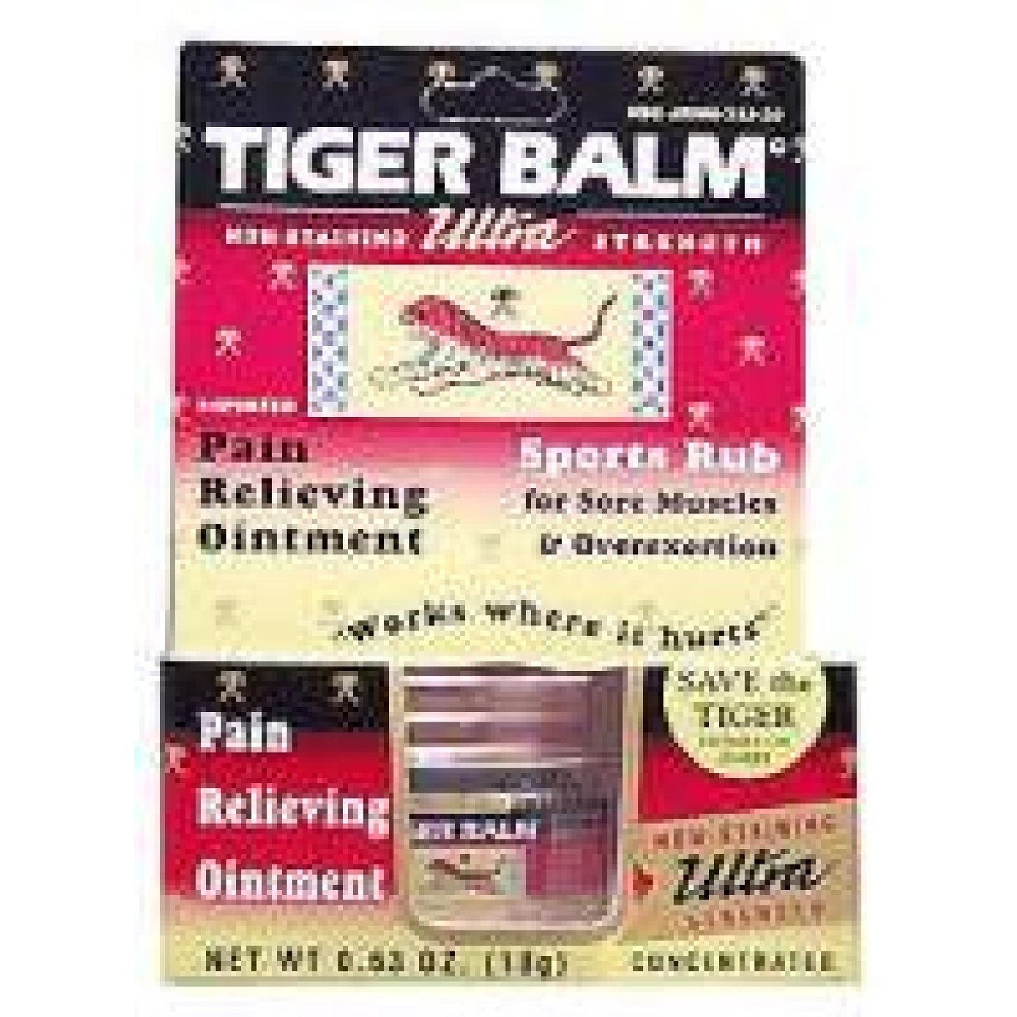Tiger Balm Ultra Strength Pain Relieving Ointment sports rub jar with label and applicator, for muscle pain relief.