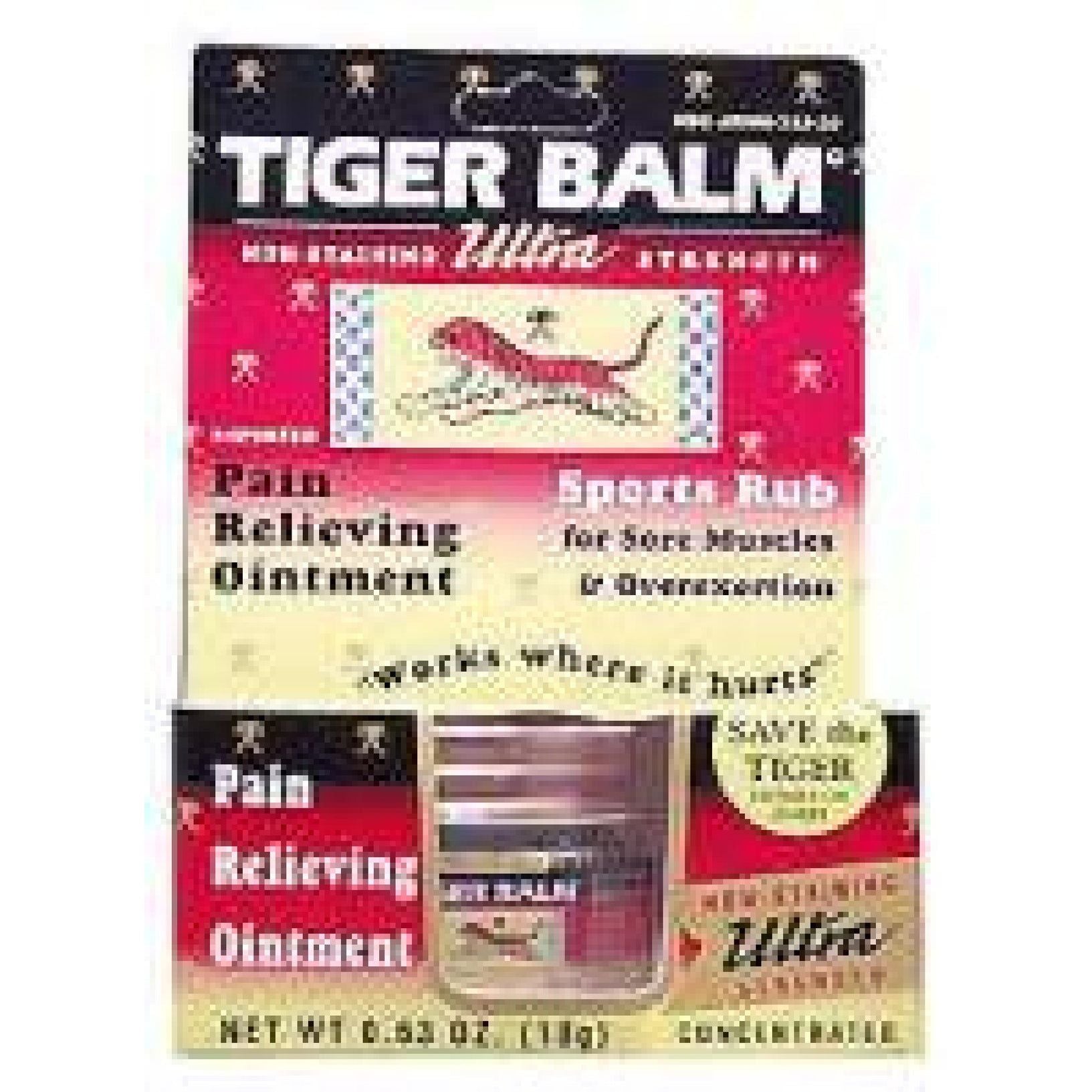 Tiger Balm Ultra Strength Pain Relieving Ointment sports rub jar with label and applicator, for muscle pain relief.