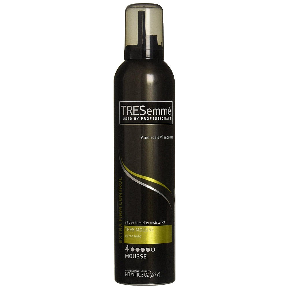 TRESemme Extra Hold Hair Mousse in 10.5oz bottle, providing strong hold and volume for styled hair.