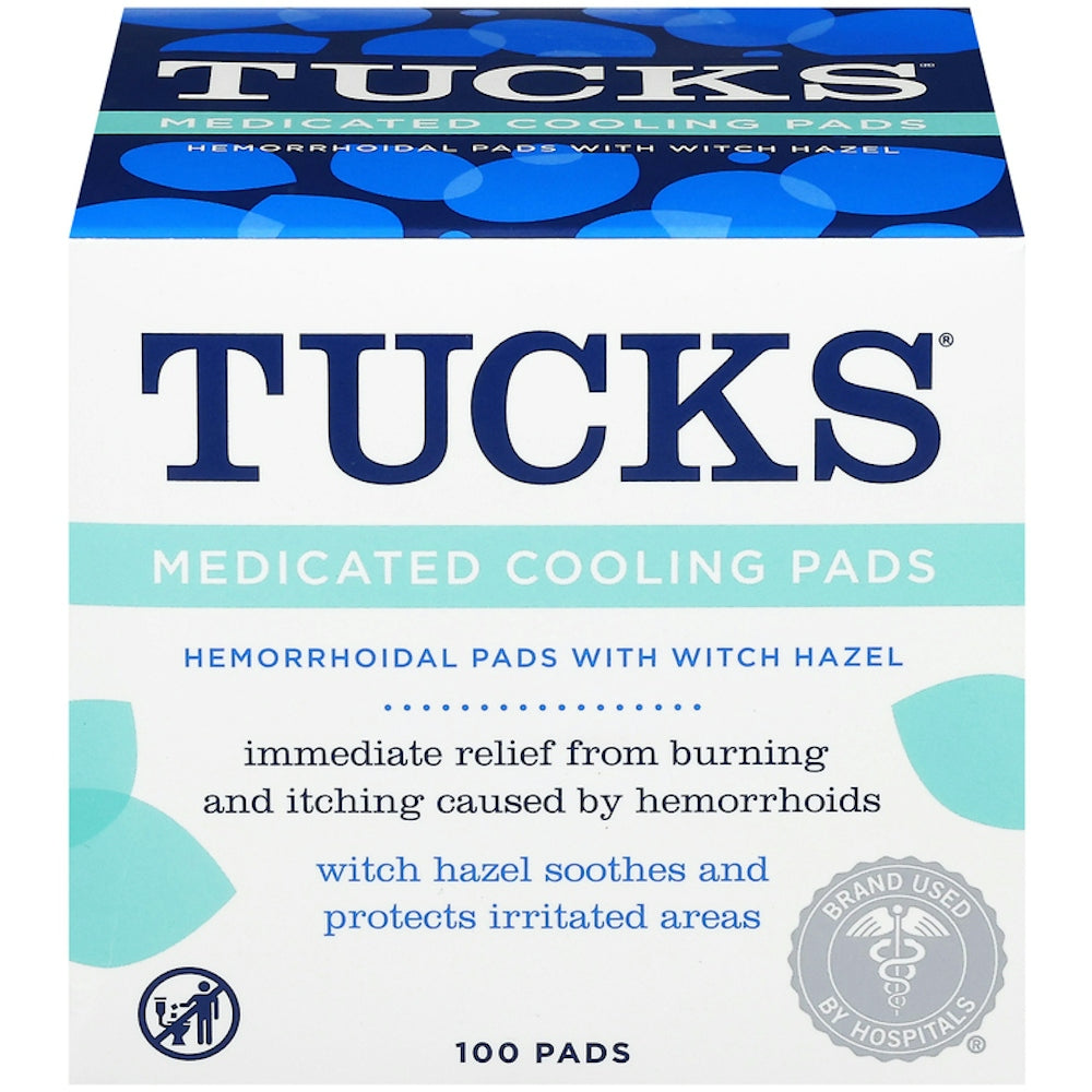 Box of Tucks Medicated Cooling Hemorrhoid Pads by Pasteur Pharmacy, 100-count, with soothing and cooling relief for hemorrhoids.