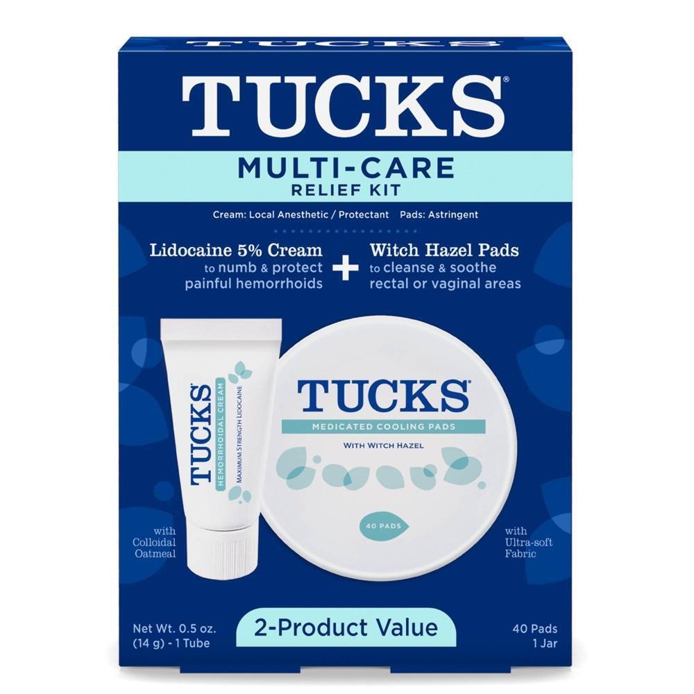 Tucks Multi Care Relief Kit with Lidocaine 5% cream and witch hazel pads for soothing skin discomfort, in health and beauty setting.