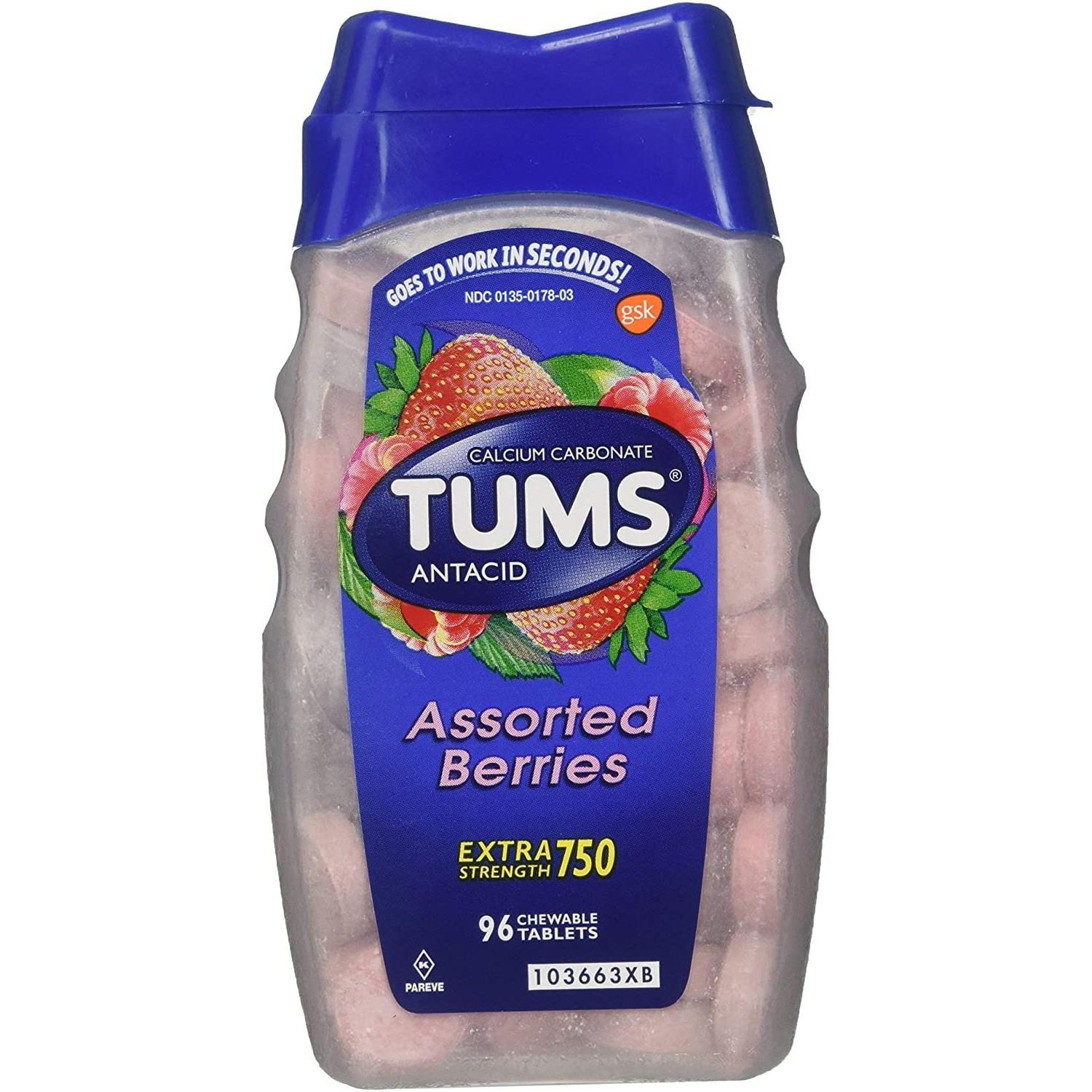 Tums Extra Strength 750 mg chewable antacid tablets in assorted berries flavor, designed to relieve heartburn and indigestion.