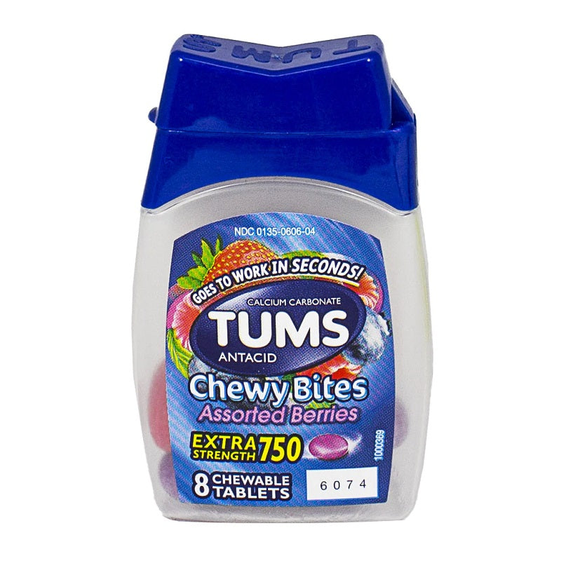 Tums Antacid Extra Strength Chewy Bites in assorted berries, 8-count package, natural relief for indigestion and heartburn.