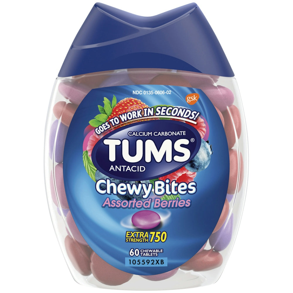 TUMS Chewy Bites Extra Strength 750 in assorted berries, chewable tablets for fast relief of heartburn, by Pasteur Pharmacy.