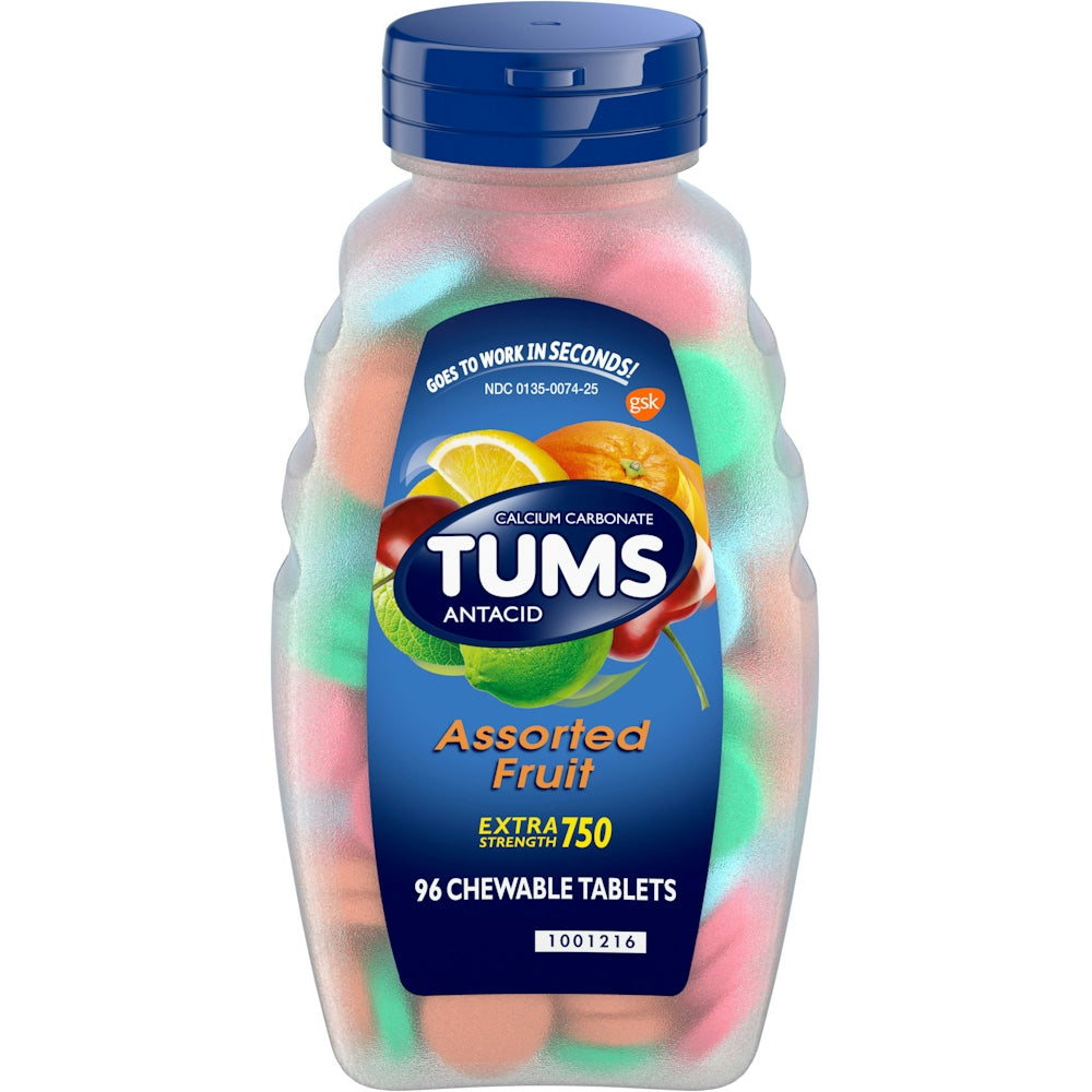 Tums Extra Strength 750 chewable antacid tablets in assorted fruit flavor, displayed in a blister pack.