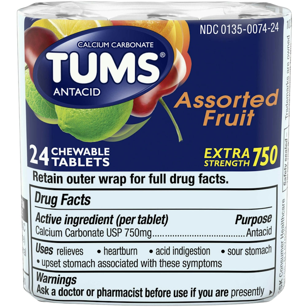 Tums Extra Strength Heartburn Relief Chewable Antacid Tablets in fruit flavor, 8-count, by Pasteur Pharmacy, showing orange tablets.