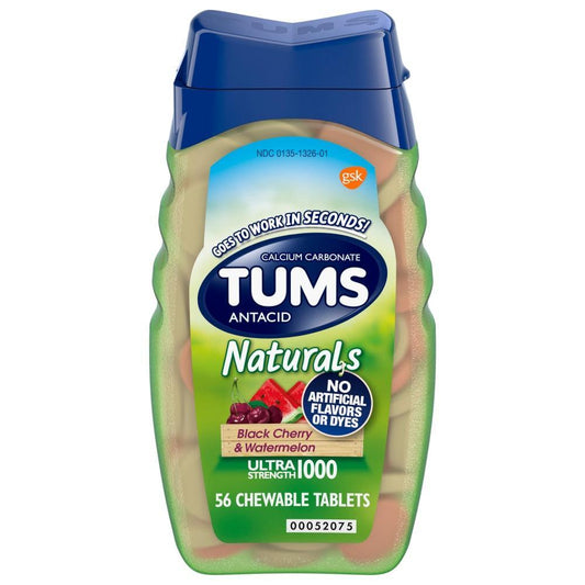 Tums Naturals Ultra Strength Antacid Chewable Tablets in black cherry and watermelon flavor, showing the colorful tablets and packaging.