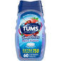 TUMS Smoothies Extra Strength Antacid Berry Fusion bottle with colorful packaging and tablets inside, for heartburn relief.