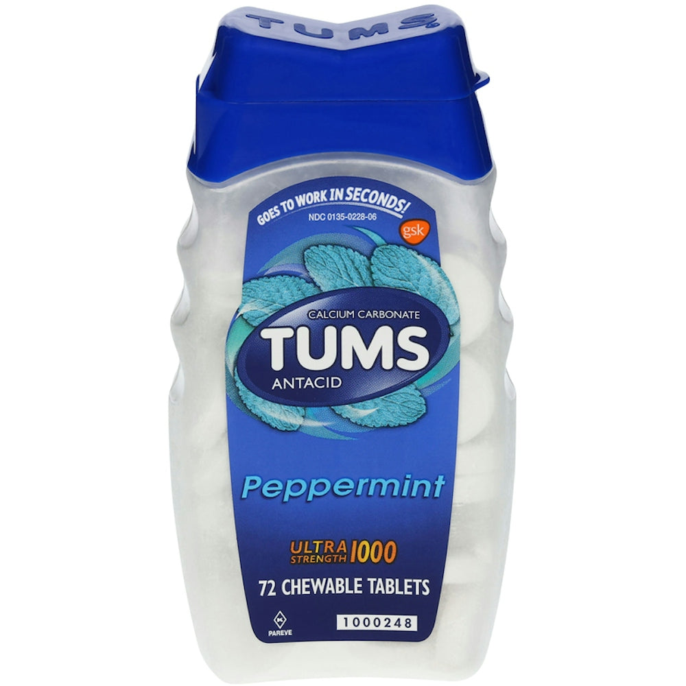 Tums Ultra Strength Chewable Antacid Tablets for heartburn relief with peppermint flavor, displayed in a blister pack.