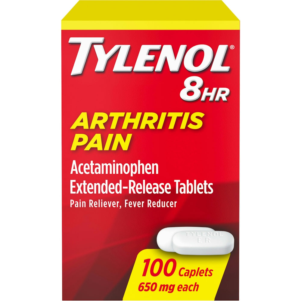 Box of Tylenol 8hr 650mg Arthritis Pain caplets from Pasteur Pharmacy, showing 100 caplets in a health and beauty setting.