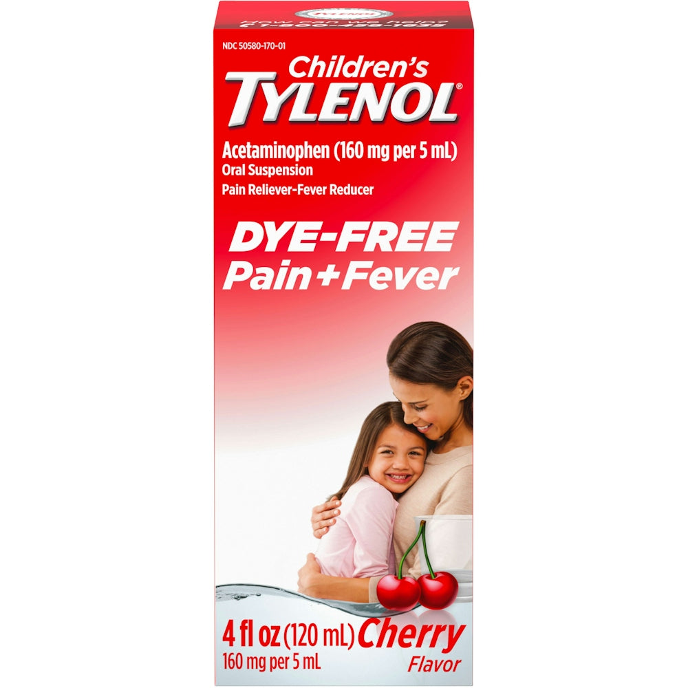 Childrens Tylenol pain and fever liquid in cherry flavor, dye-free, 4 oz bottle, showing the medication bottle with label.