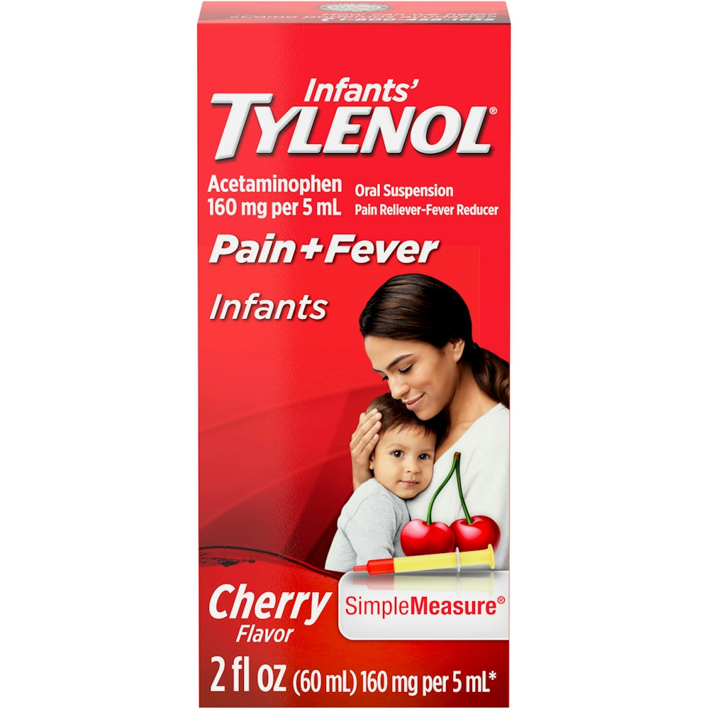 Infants' Tylenol oral suspension liquid medicine with cherry flavor, acetaminophen for fever, pain relief, minor aches, 2 oz bottle.