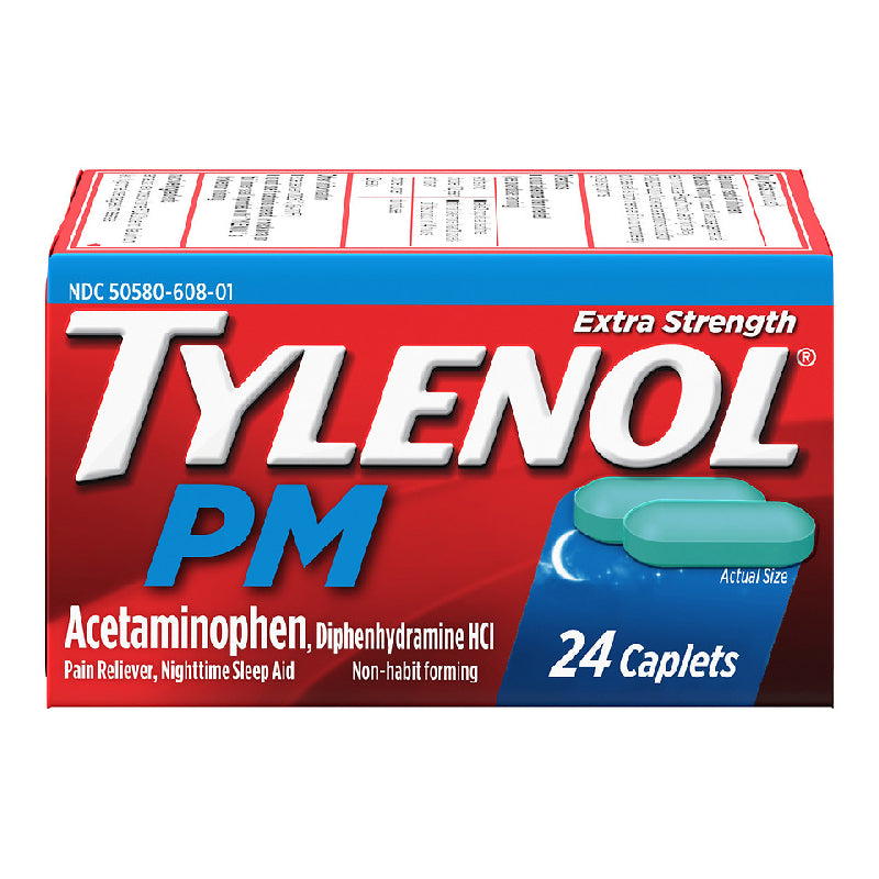 Tylenol PM Extra Strength Acetaminophen 24-caplet bottle, used for pain relief and sleep aid, in a health and beauty setting