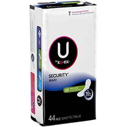 U by Kotex Security Overnight Maxi Pads, wingless, 28-count, in packaging with the brand name visible, designed for overnight protection.