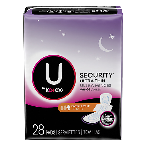 U by Kotex Security Overnight Wings Ultra Thin Pads for women, shown with breathable fabric and discreet design, in a health and beauty setting.