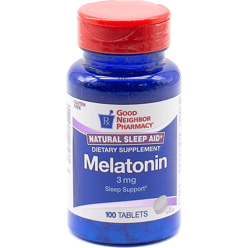Bottle of Pasteur Pharmacy GNP Melatonin 3 mg dietary supplement with 100 tablets for sleep support and relaxation.