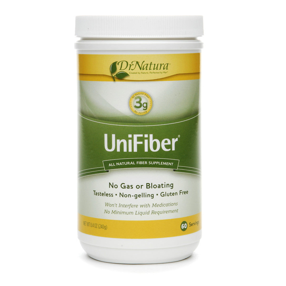 UniFiber Natural Fiber Supplement by Pasteur Pharmacy, 8.4 oz, for gas-free digestive relief, showing the supplement container.