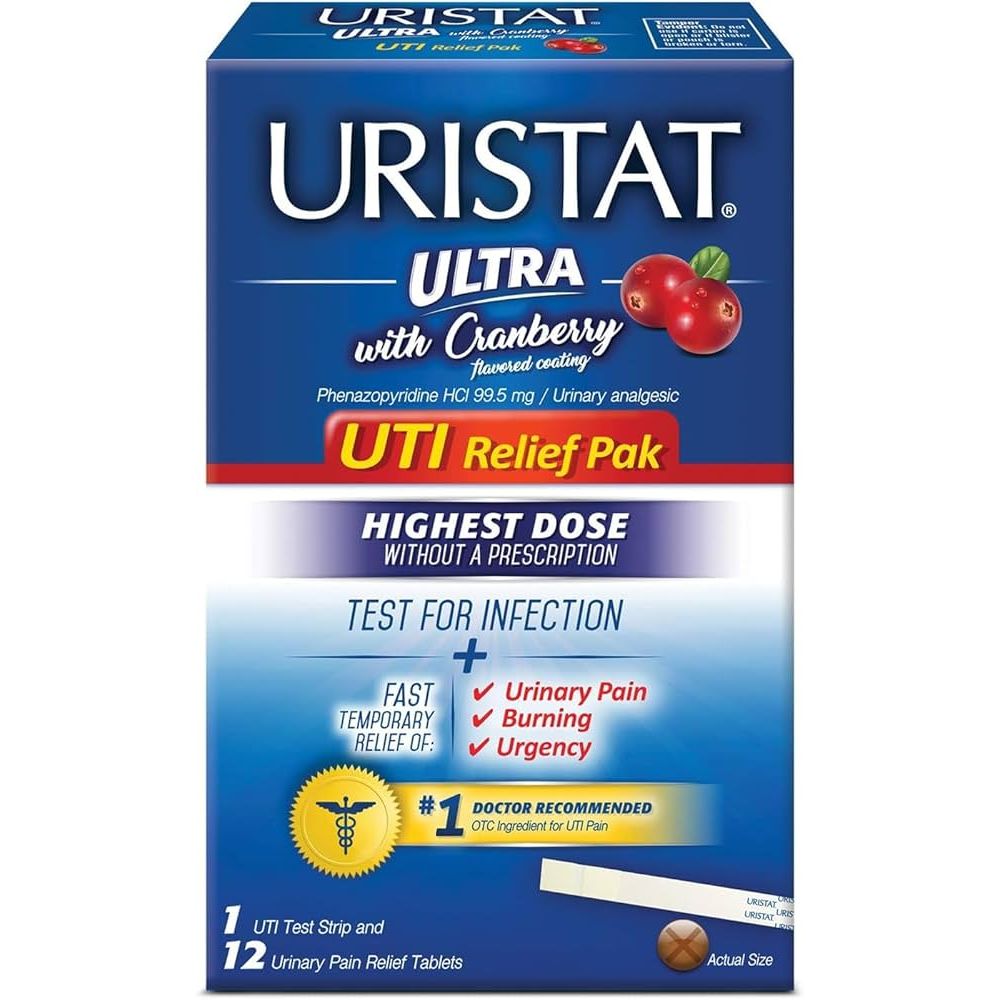 Uristat Ultra UTI Relief Pack with 12 pain relief tablets and test strip kit from Pasteur Pharmacy, in packaging.