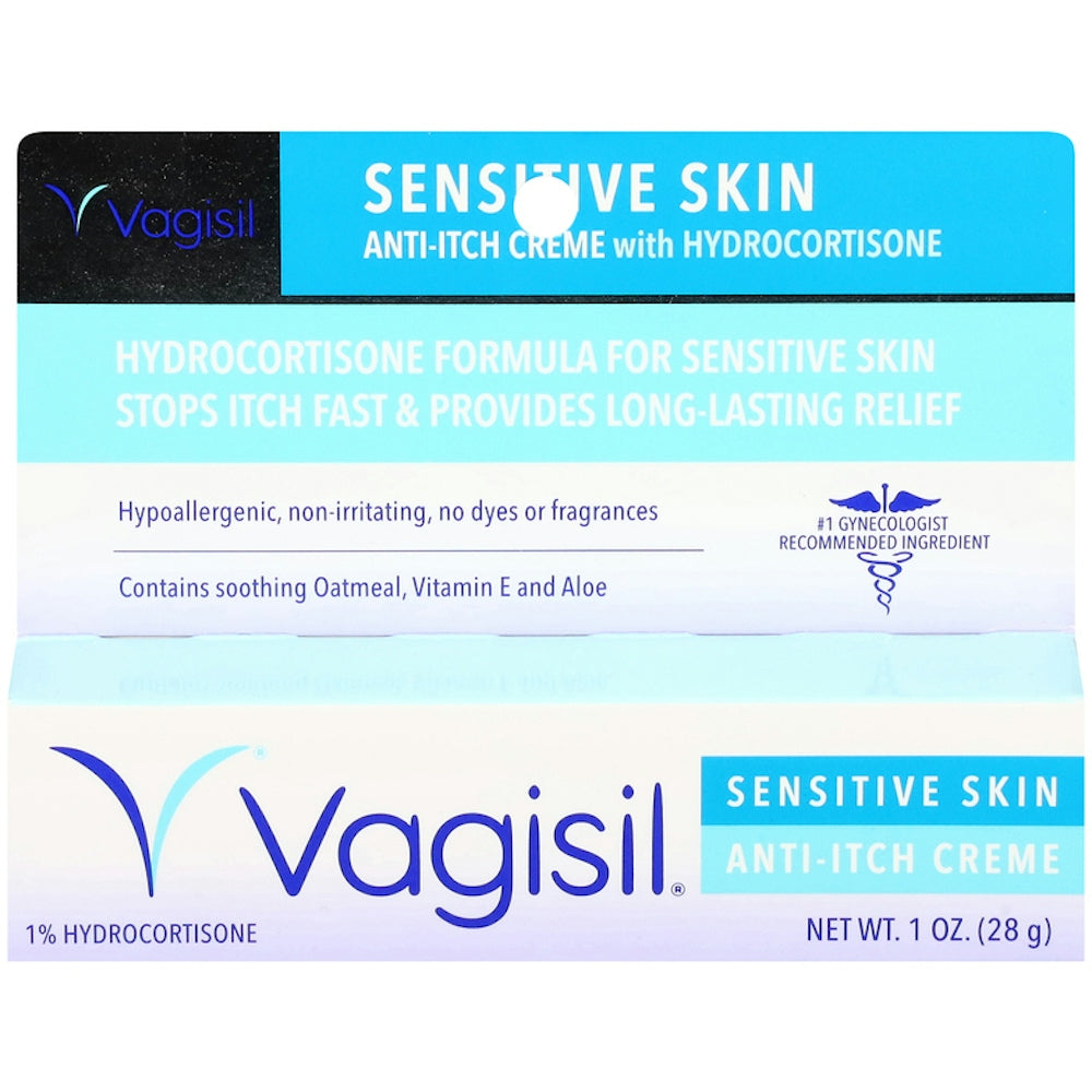 Vagisil Anti-Itch Creme for sensitive skin, maximum strength, health and beauty product in a tube.